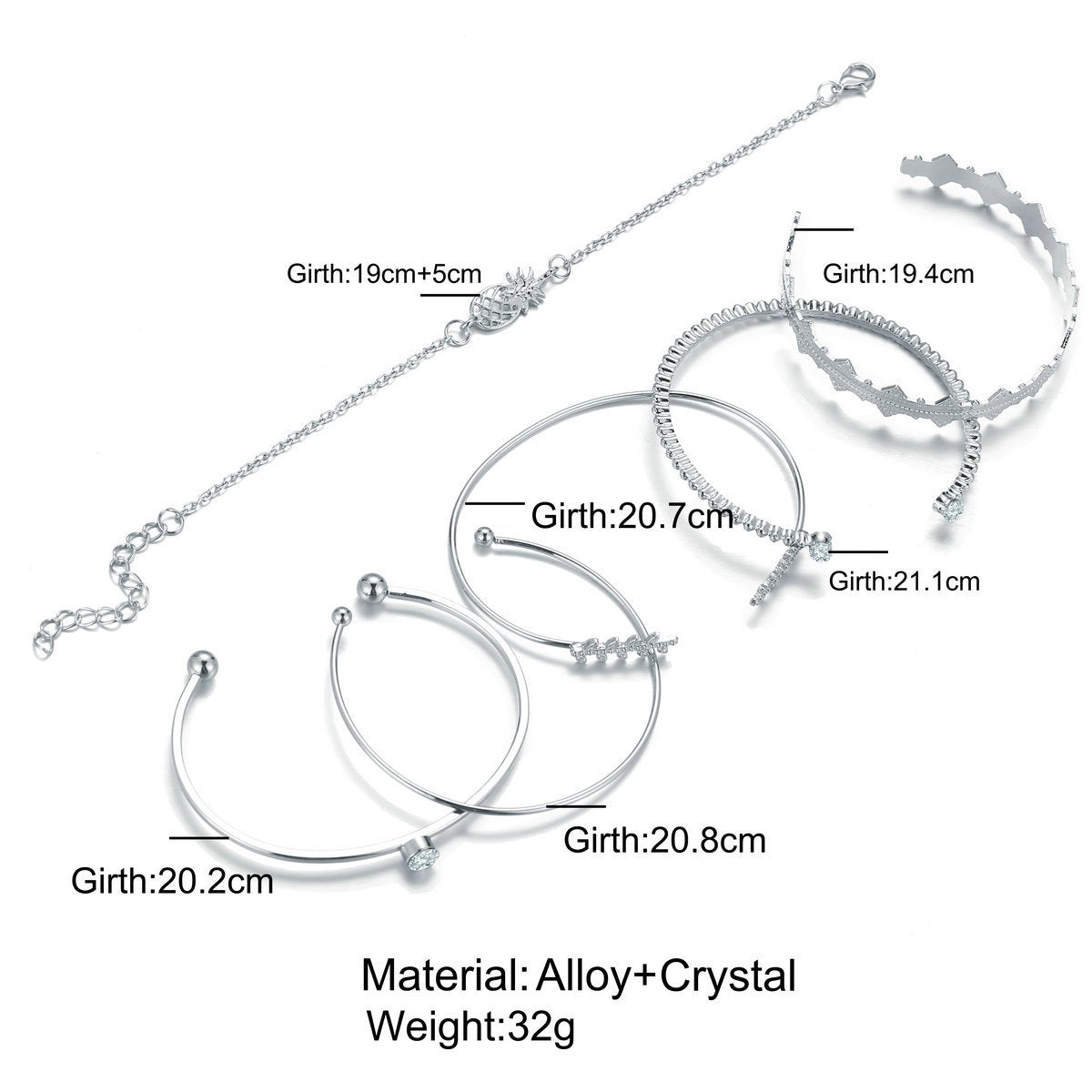 6 Piece Geometric Bangle Set With Austrian  Crystals 18K White Gold Plated Bracelet