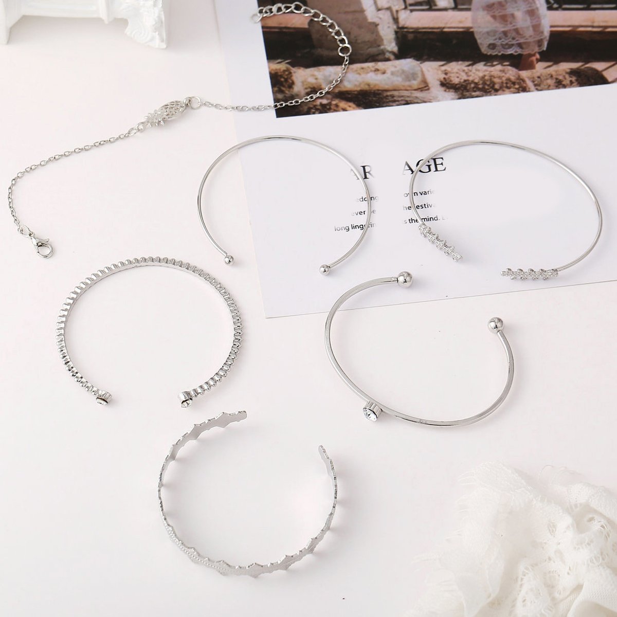 6 Piece Geometric Bangle Set With Austrian  Crystals 18K White Gold Plated Bracelet