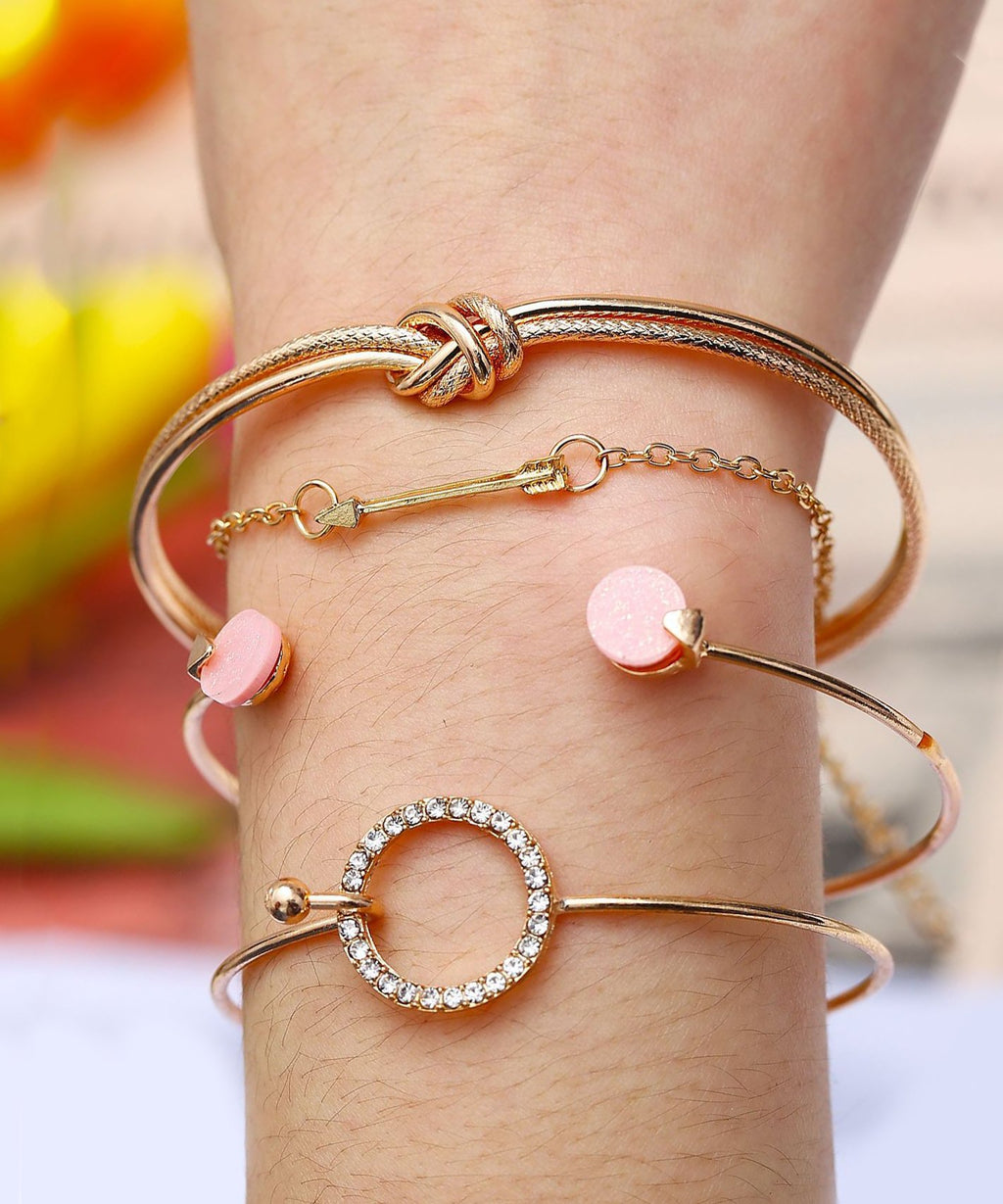 4 Piece Pink Bracelet Set With  Crystals 18K Gold Plated Bracelet