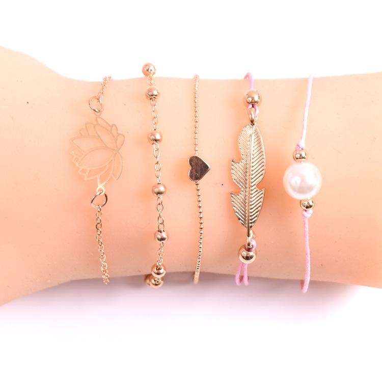 5 Piece Pink Pearl Bracelet Set 18K Gold Plated Bracelet