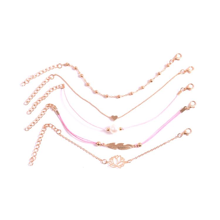 5 Piece Pink Pearl Bracelet Set 18K Gold Plated Bracelet