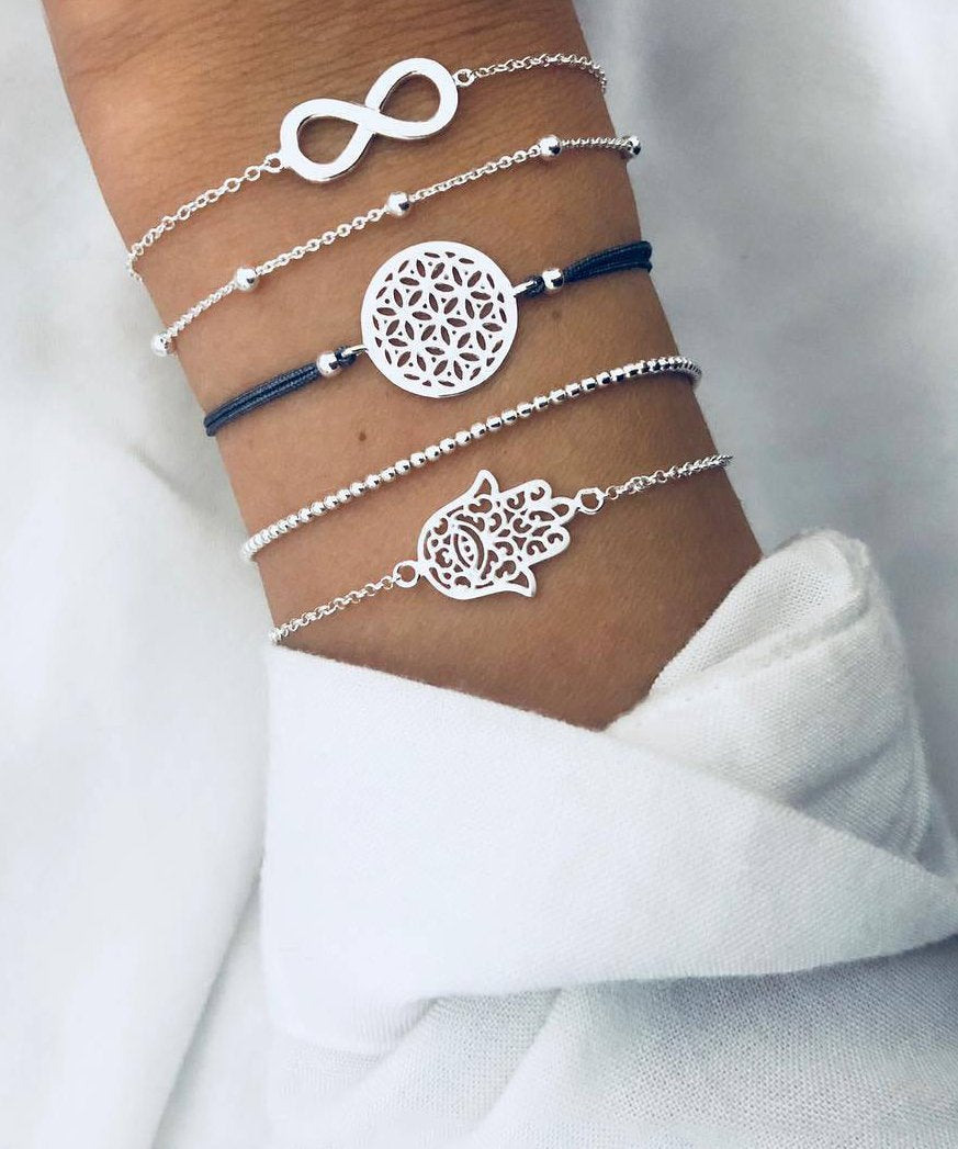 5 Piece Hamsa Infinity Bracelet Set 18K White Gold Plated Bracelet