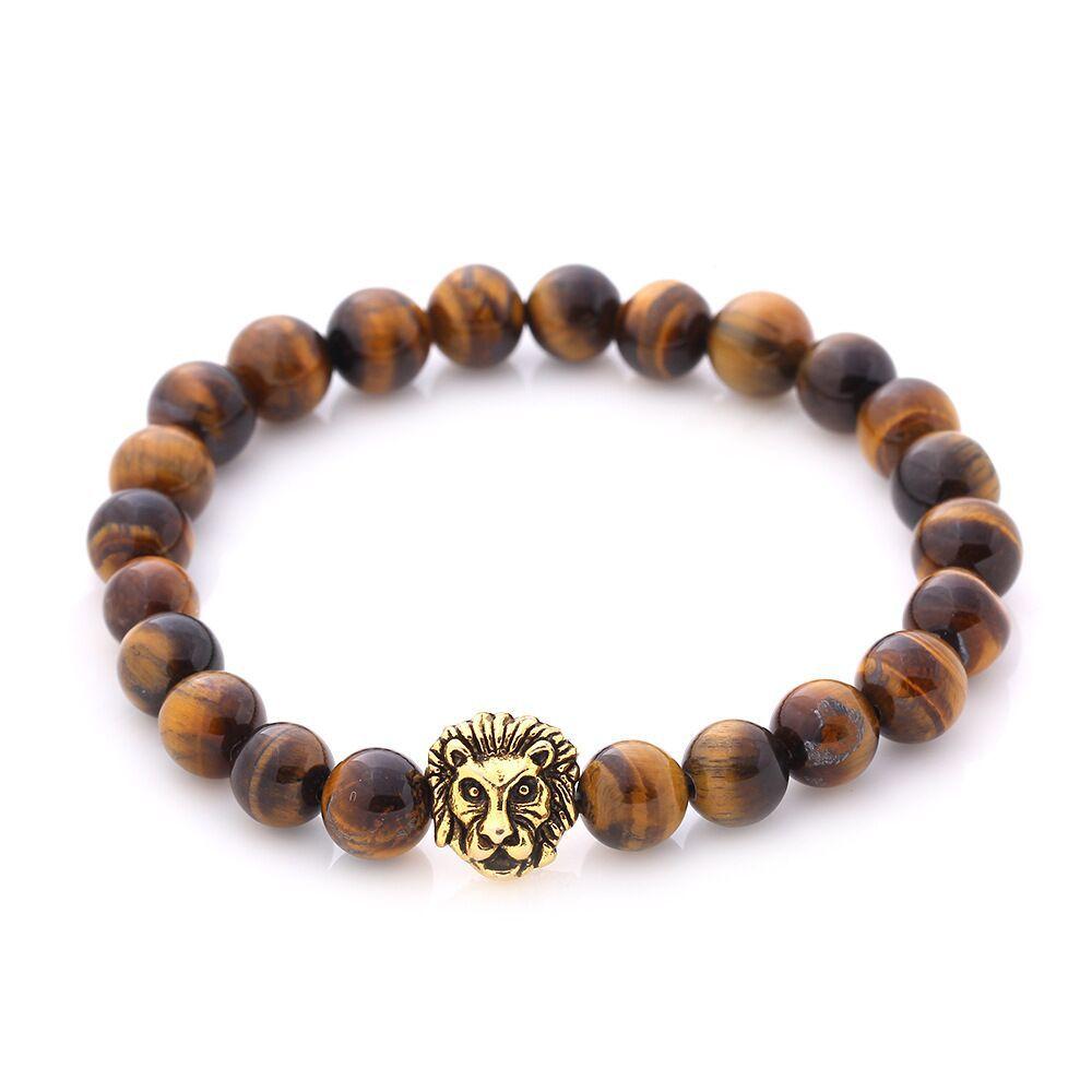 Brown Natural Stone Lion Head Stretch 18K Gold Plated Bracelet