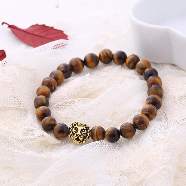 Brown Natural Stone Lion Head Stretch 18K Gold Plated Bracelet