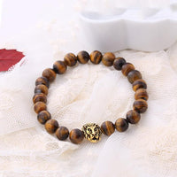 Brown Natural Stone Lion Head Stretch 18K Gold Plated Bracelet