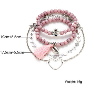 4 Piece Pink Tassell Bracelet Set 18K White Gold Plated Bracelet