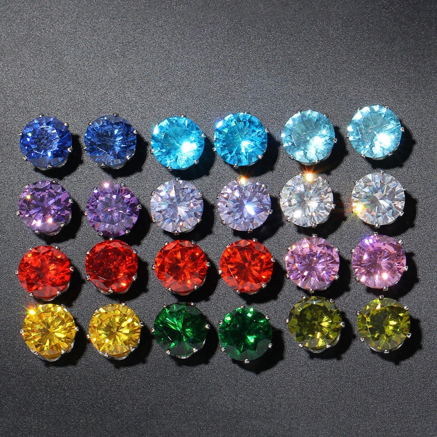 12 Piece Stud Earring Set With Gemstone  Crystals 18K White Gold Plated Earring