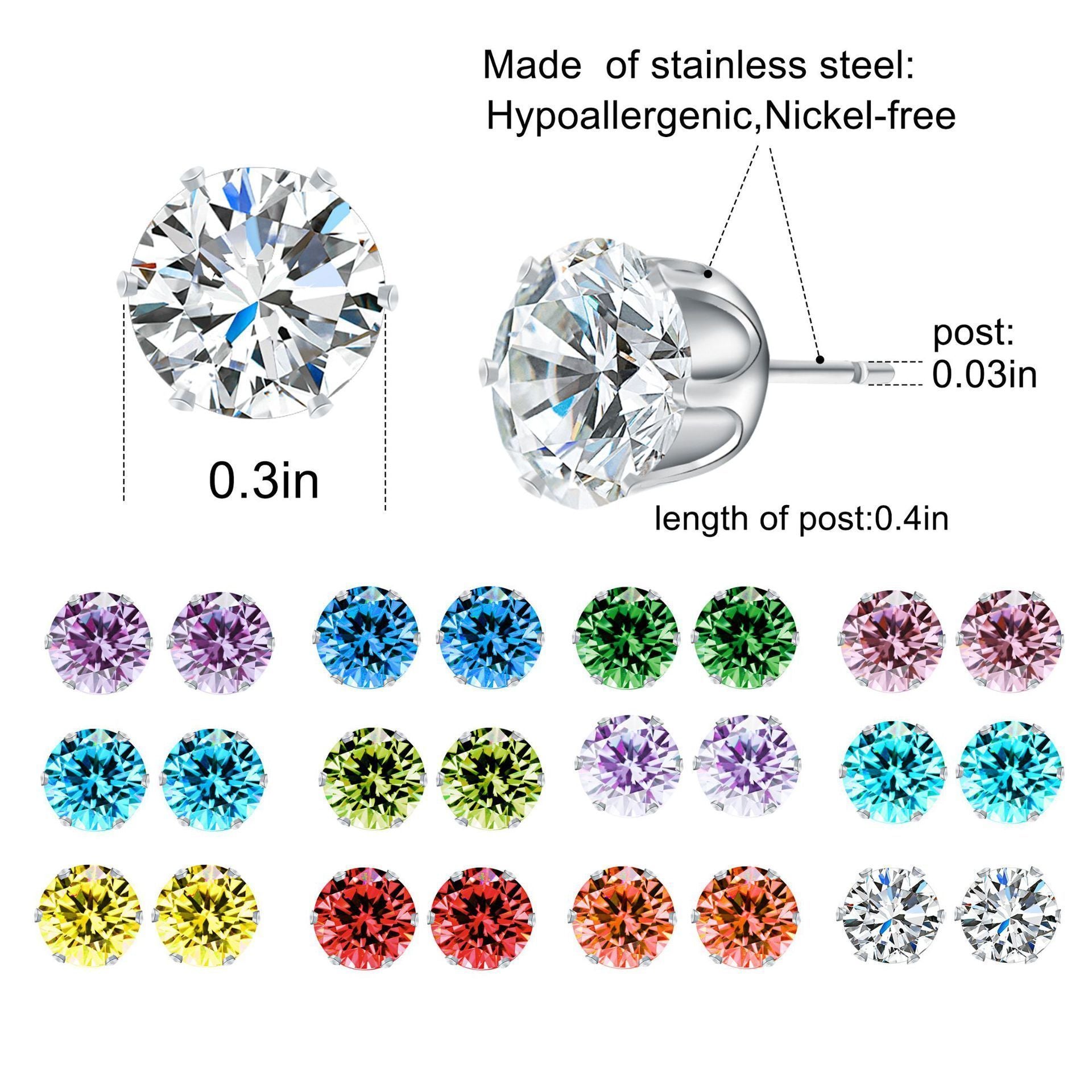 12 Piece Stud Earring Set With Gemstone  Crystals 18K White Gold Plated Earring