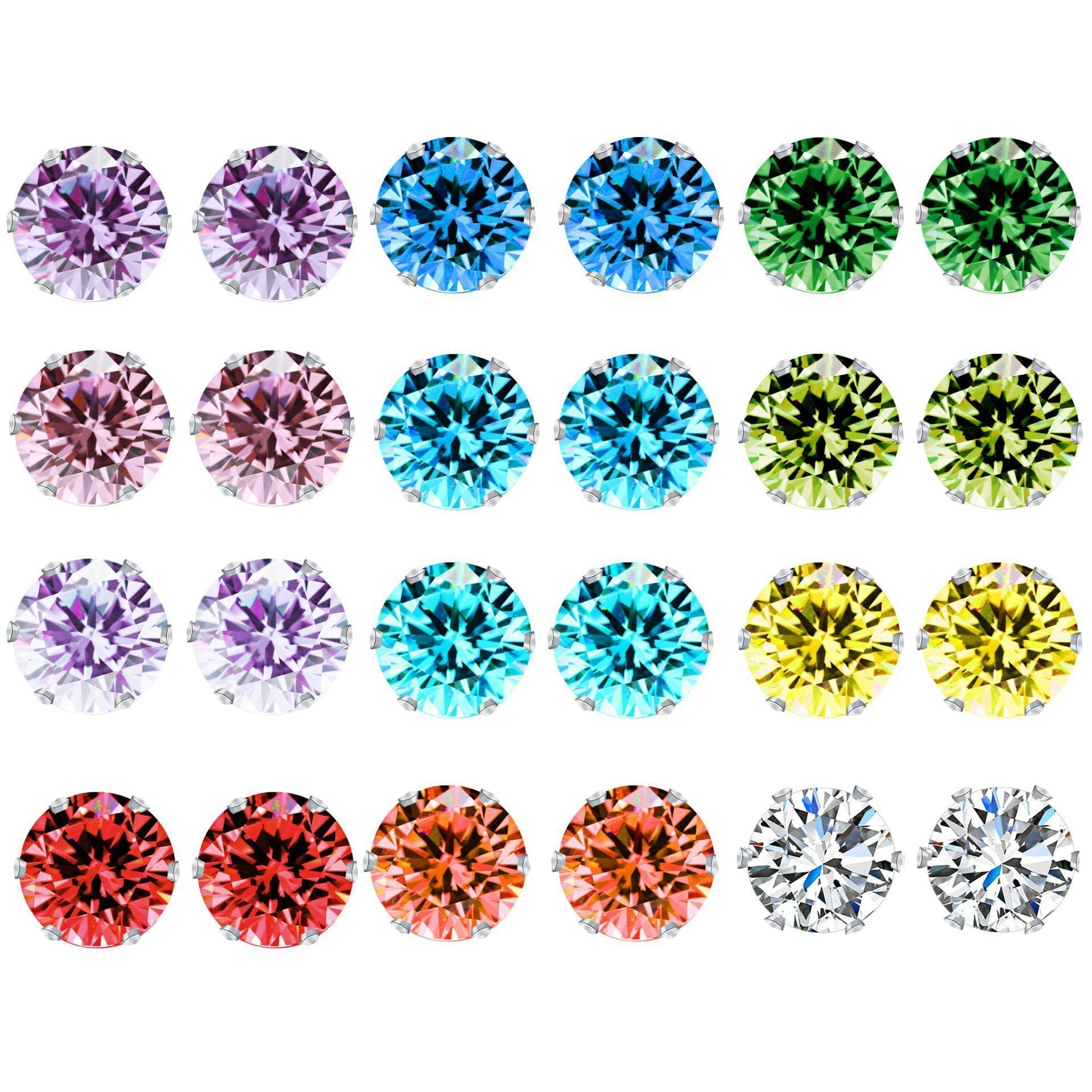 12 Piece Stud Earring Set With Gemstone  Crystals 18K White Gold Plated Earring