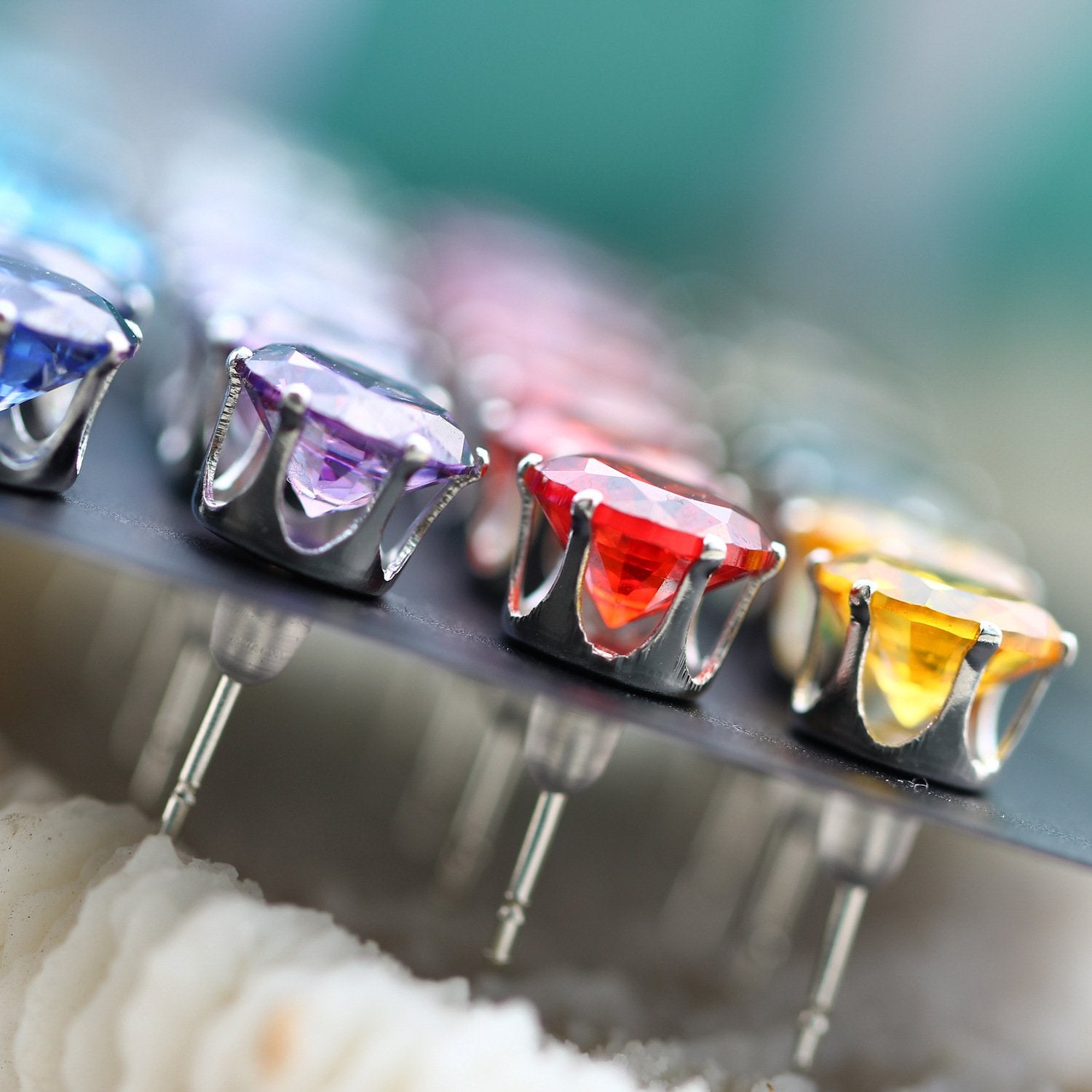 12 Piece Stud Earring Set With Gemstone  Crystals 18K White Gold Plated Earring