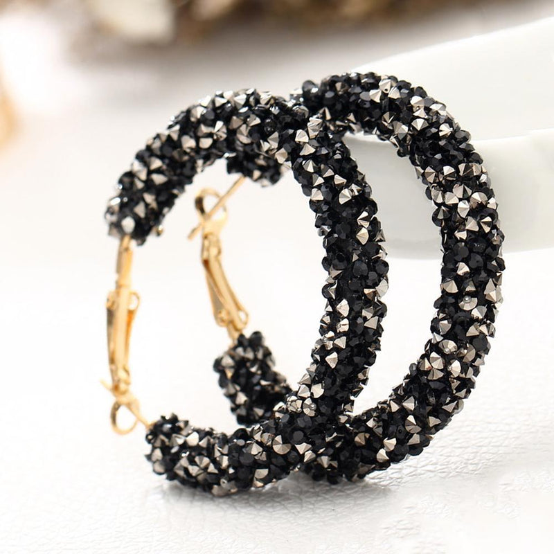 Crystaldust Hoop Earring With Gemstone  Crystals - Black 18K Gold Plated Earring