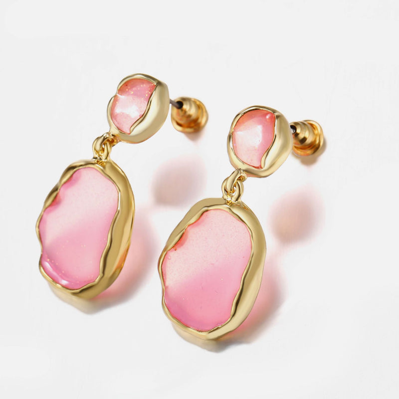 Transparent Glass Stone Drop Earring - Pink 18K Gold Plated Earring in 18K Gold Plated