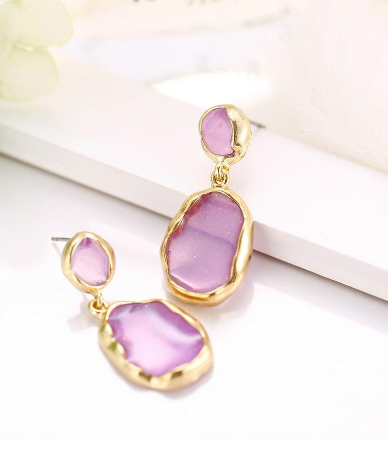 Transparent Glass Stone Drop Earring - Purple 18K Gold Plated Earring