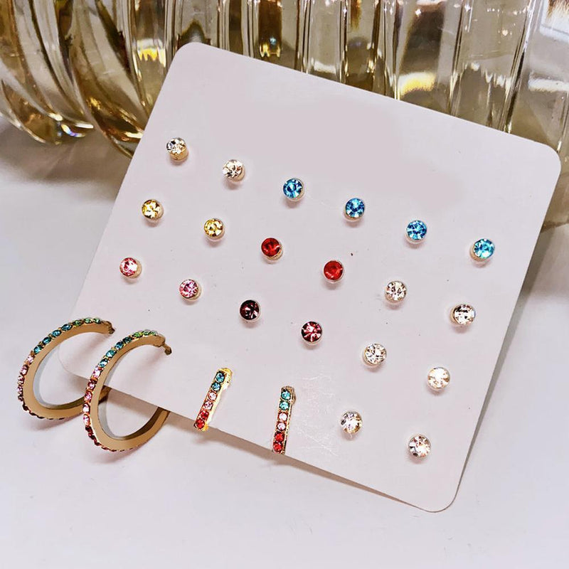 12 Piece Rainbow Set With Gemstone  Crystals 18K White Gold Plated Earring