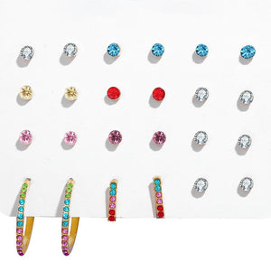 12 Piece Rainbow Set With Gemstone  Crystals 18K White Gold Plated Earring