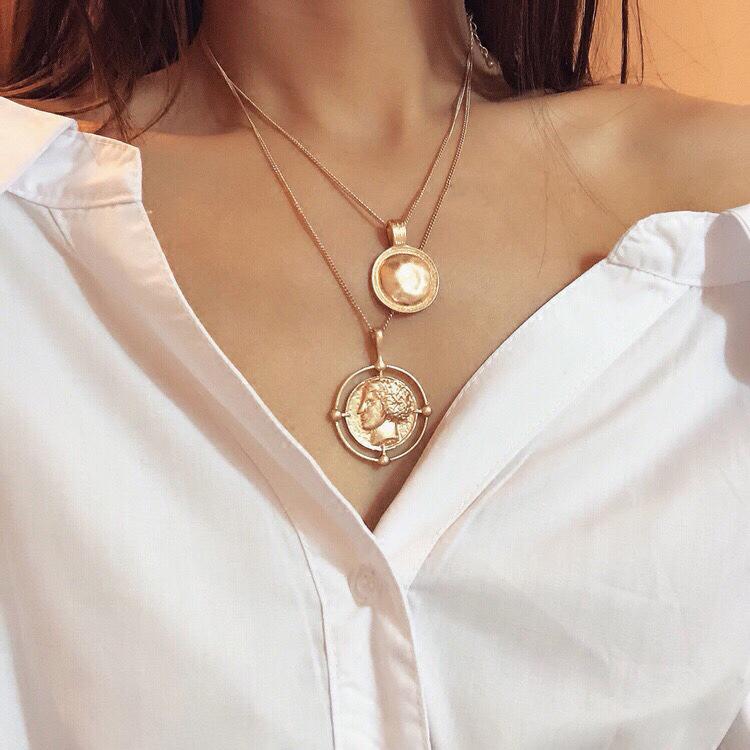 2 Piece Coin Head Necklace 18K Gold Plated Necklace in 18K Gold Plated