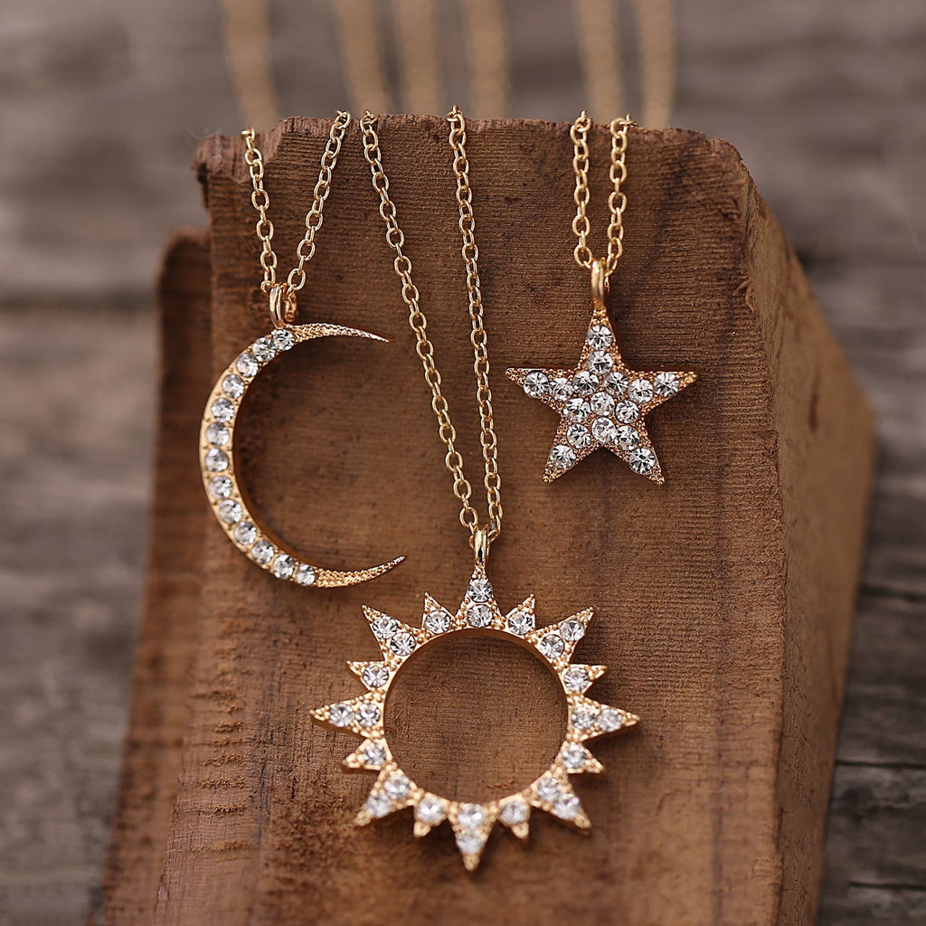 3 Piece Celestial Pave Necklace With  Crystals 18K Gold Plated Necklace