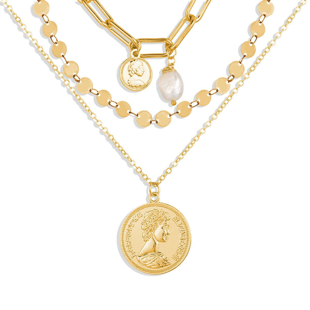 3 Piece Coin Pearl Necklace 18K Gold Plated Necklace in 18K Gold Plated