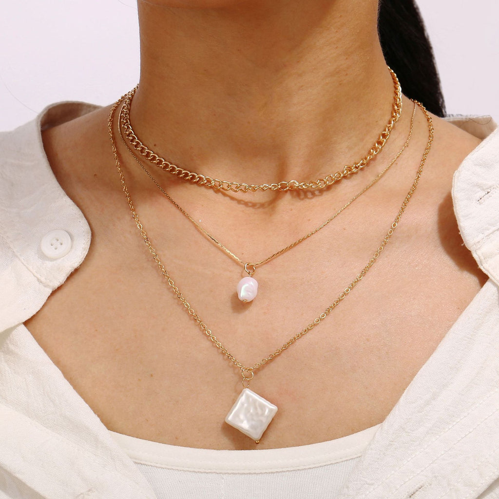 3 Piece Pearl Linear Chain Necklace in 18K Gold Plated