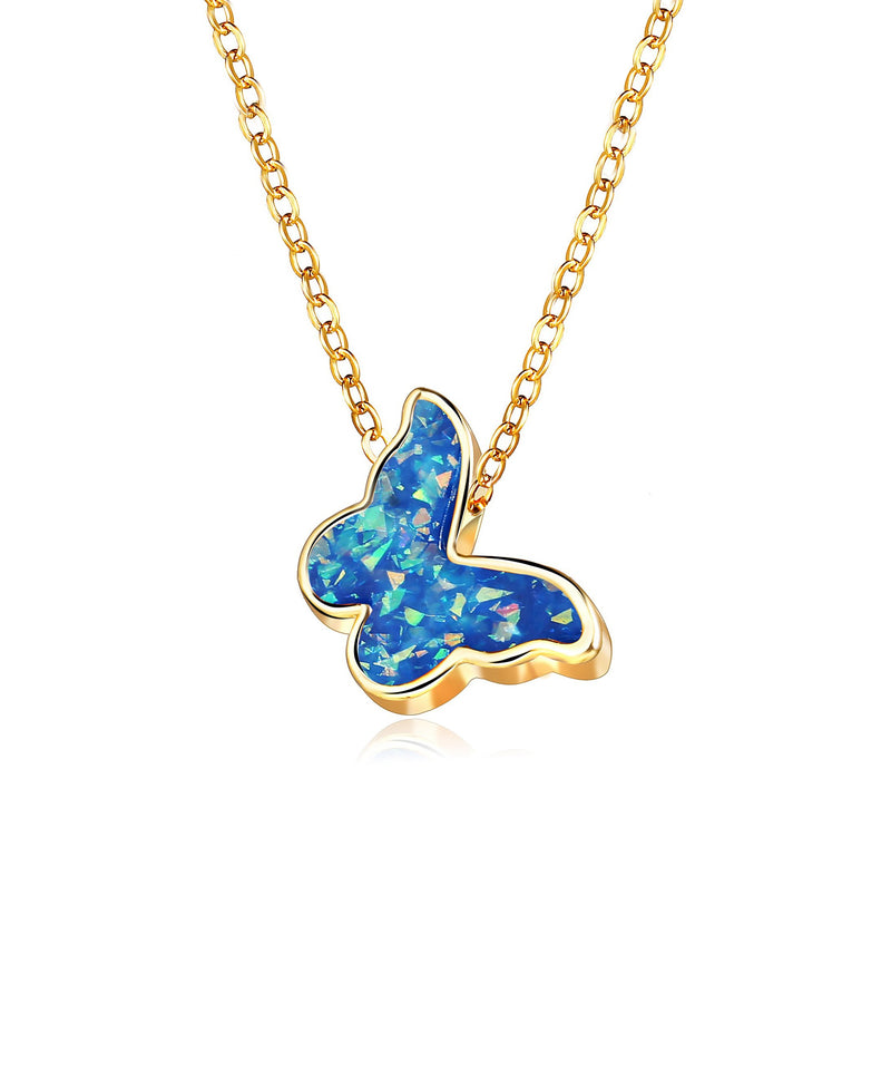 Opal Created Butterfly-Blue 18K Gold Plated Necklace in 18K Gold Plated
