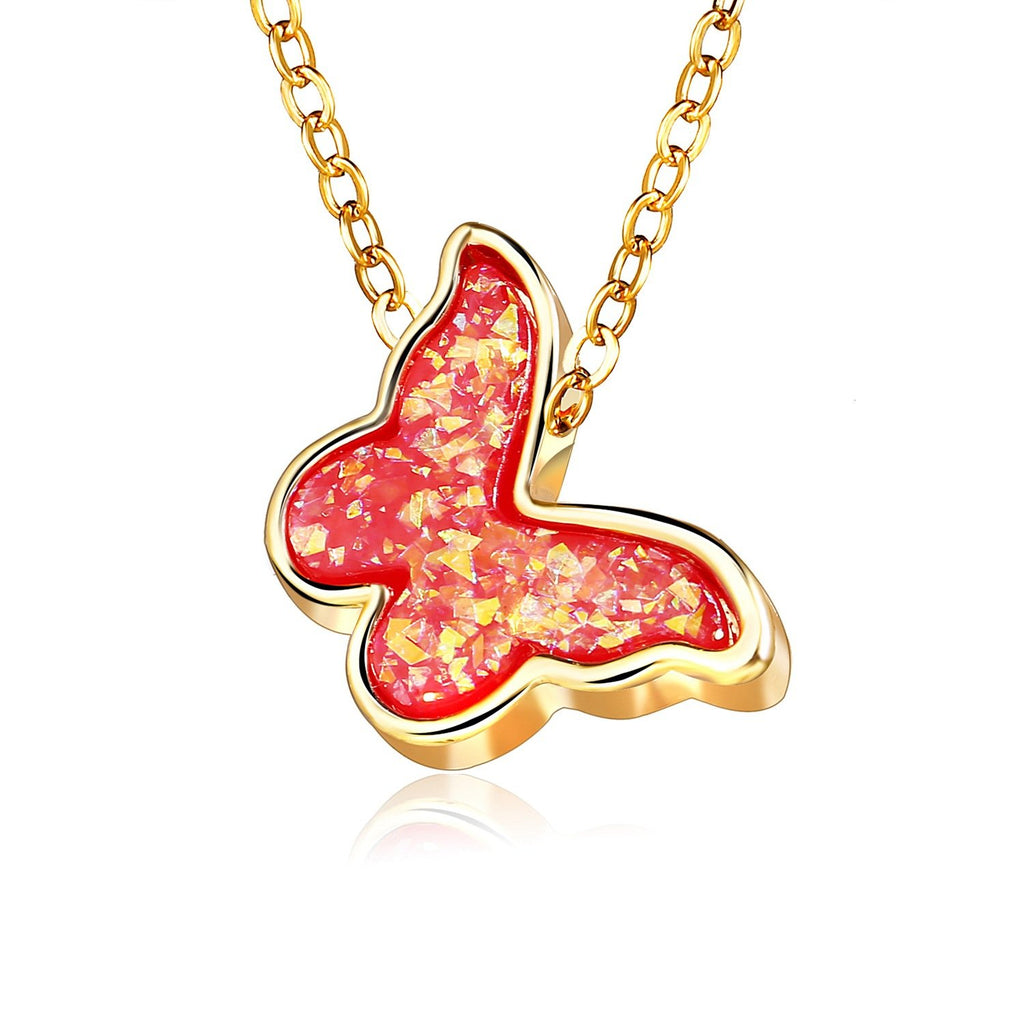 Opal Created Butterfly-Red 18K Gold Plated Necklace in 18K Gold Plated