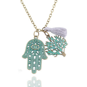 Hamsa Tree of Life Tassell 18K Gold Plated Necklace in 18K Gold Plated