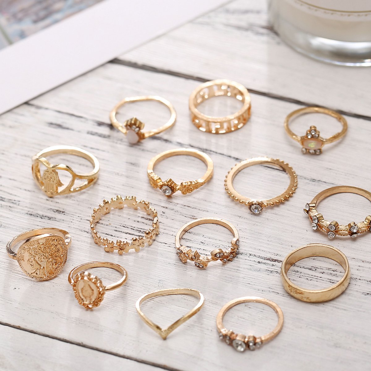 15 Piece Assorted Ring Set With Gemstone  Crystals 18K Gold Plated Ring