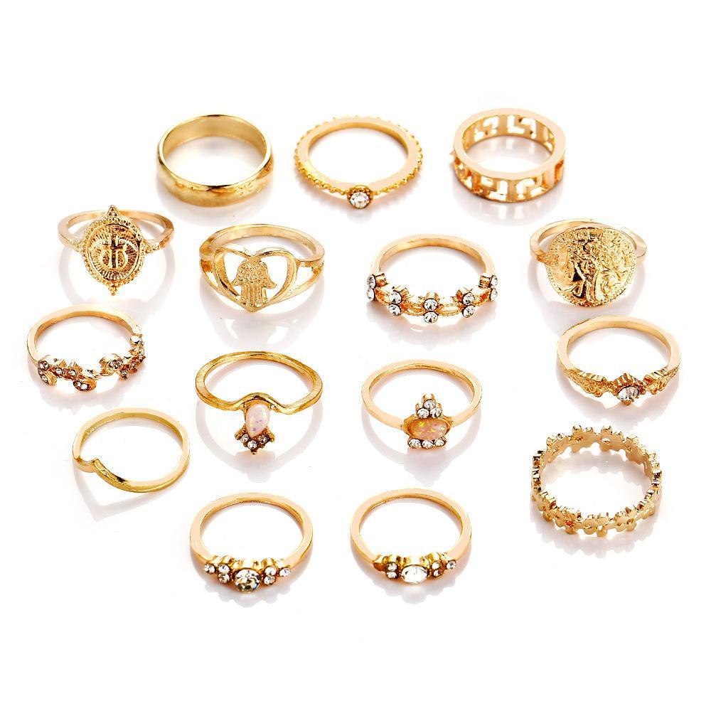 15 Piece Assorted Ring Set With Gemstone  Crystals 18K Gold Plated Ring