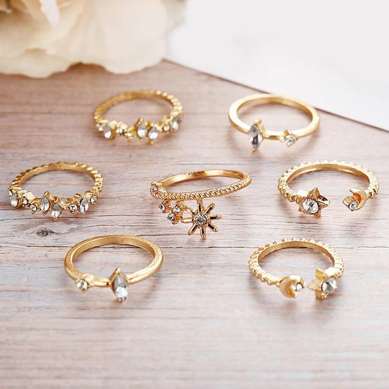 5 Piece Stars Ring Set With Gemstone  Crystals 18K Gold Plated Ring
