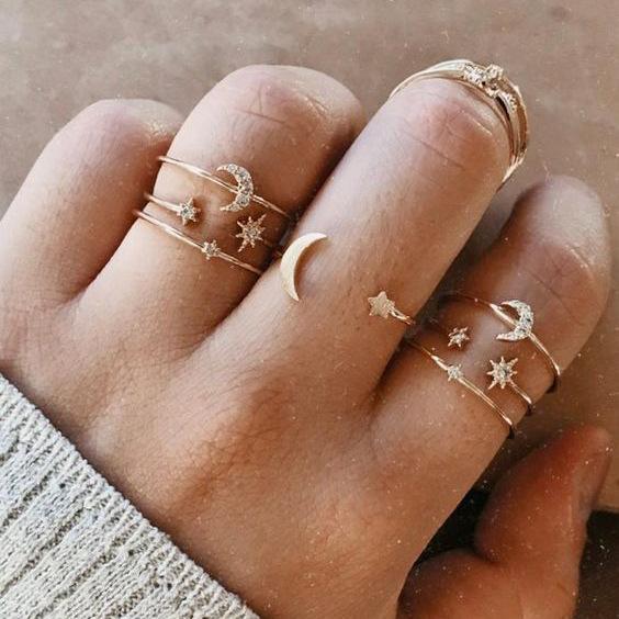 7 Piece Moon & Stars Ring Set With Austrian Crystals 18K Gold Plated Ring in 18K Gold Plated