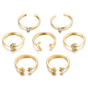 7 Piece Moon & Stars Ring Set With Gemstone  Crystals 18K Gold Plated Ring