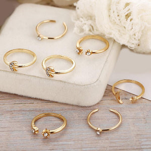7 Piece Moon & Stars Ring Set With Austrian Crystals 18K Gold Plated Ring in 18K Gold Plated