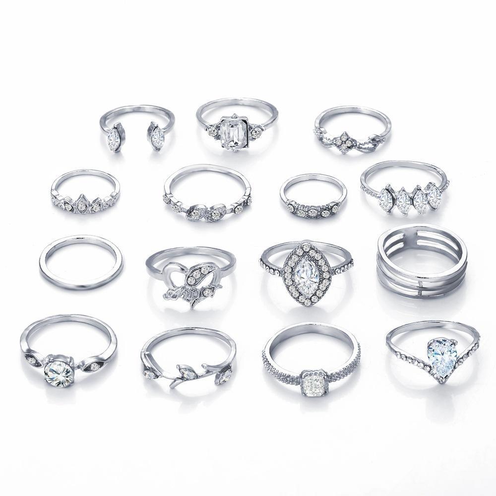 15 Piece Halo Pave Ring Set With Gemstone  Crystals 18K White Gold Plated Ring