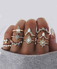10 Piece Opal Created Ring Set With Gemstone  Crystals 18K Gold Plated Ring