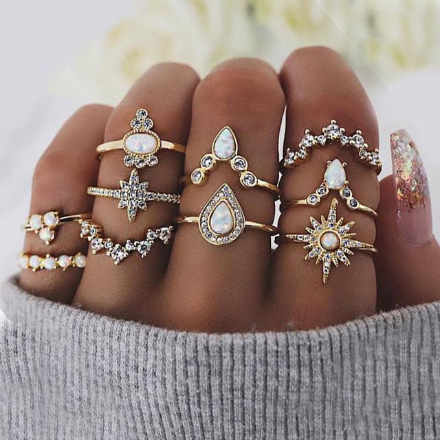 10 Piece Opal Created Ring Set With Gemstone  Crystals 18K Gold Plated Ring