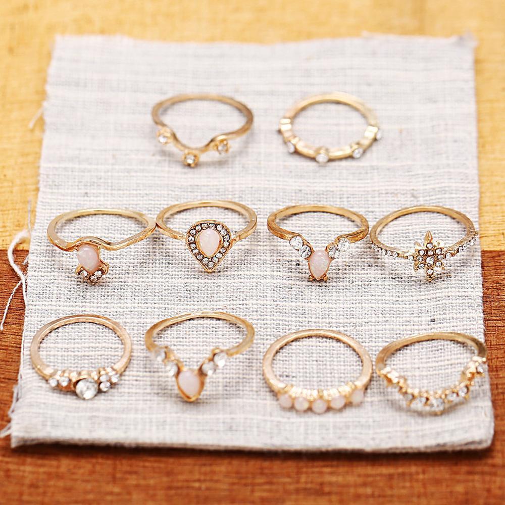 10 Piece Opal Created Ring Set With Gemstone  Crystals 18K Gold Plated Ring