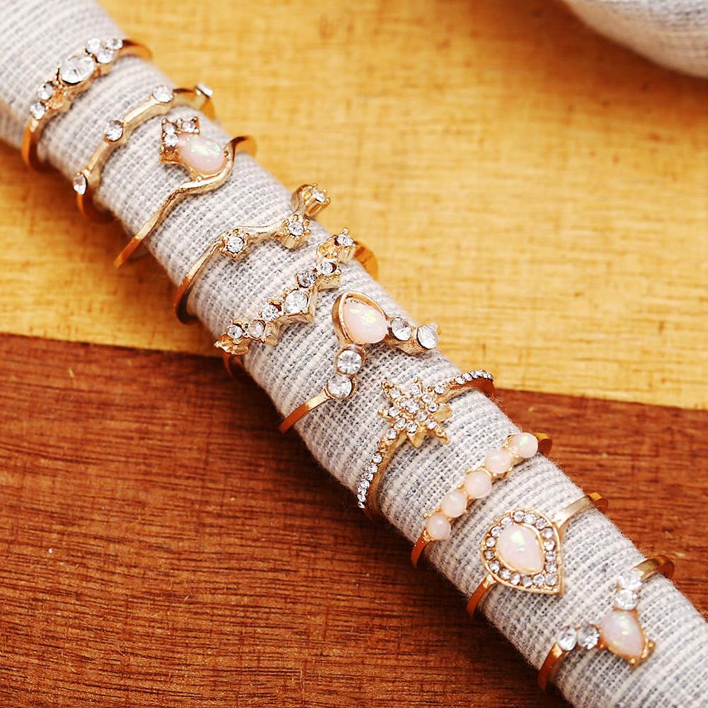 10 Piece Opal Created Ring Set With Gemstone  Crystals 18K Gold Plated Ring