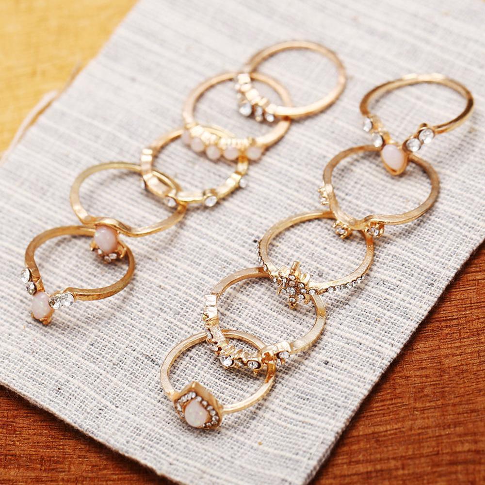 10 Piece Opal Created Ring Set With Gemstone  Crystals 18K Gold Plated Ring