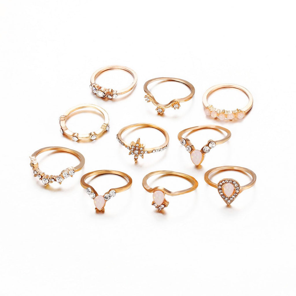 10 Piece Opal Created Ring Set With Crystals 18K Gold Plated Ring in 18K Gold Plated