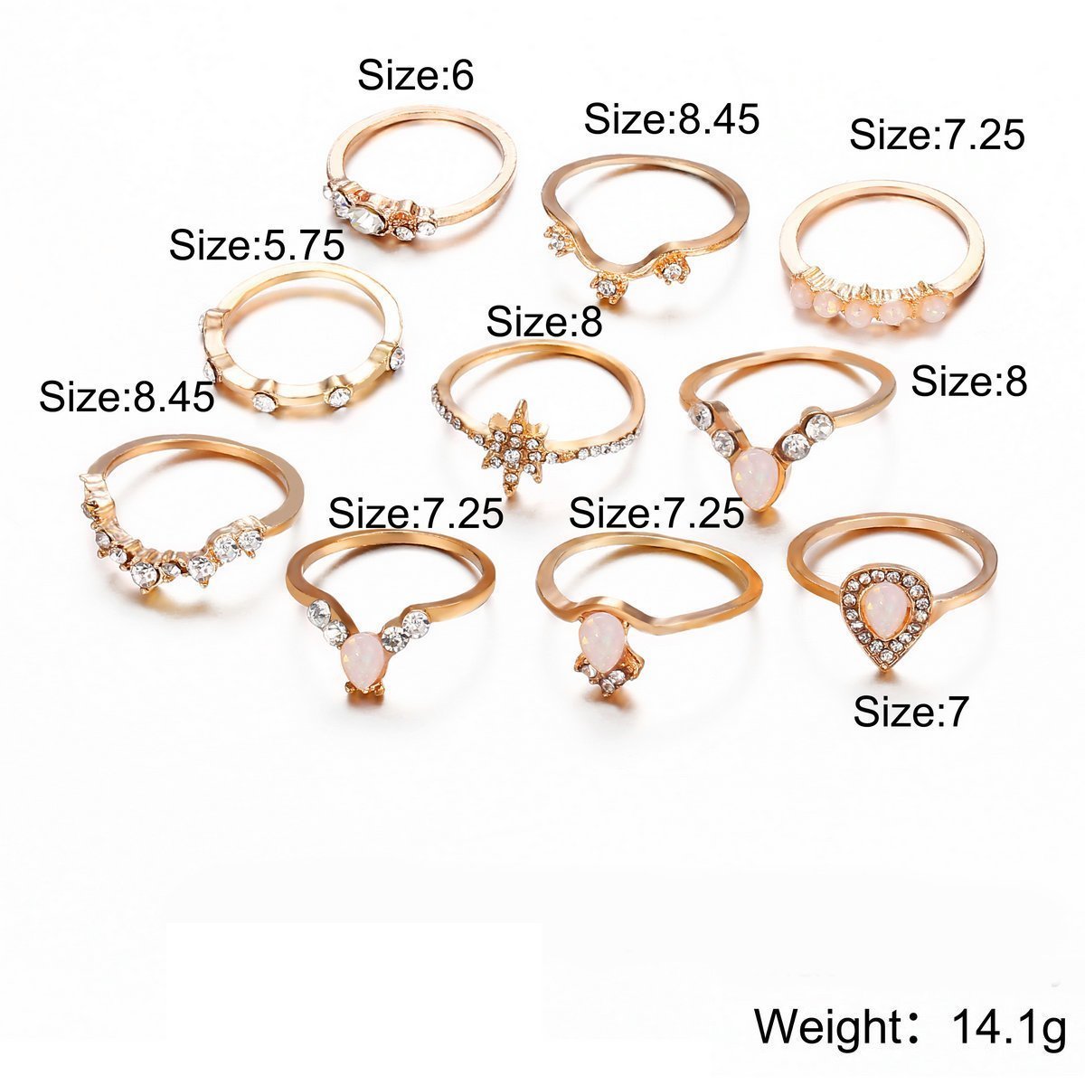 10 Piece Opal Created Ring Set With Gemstone  Crystals 18K Gold Plated Ring