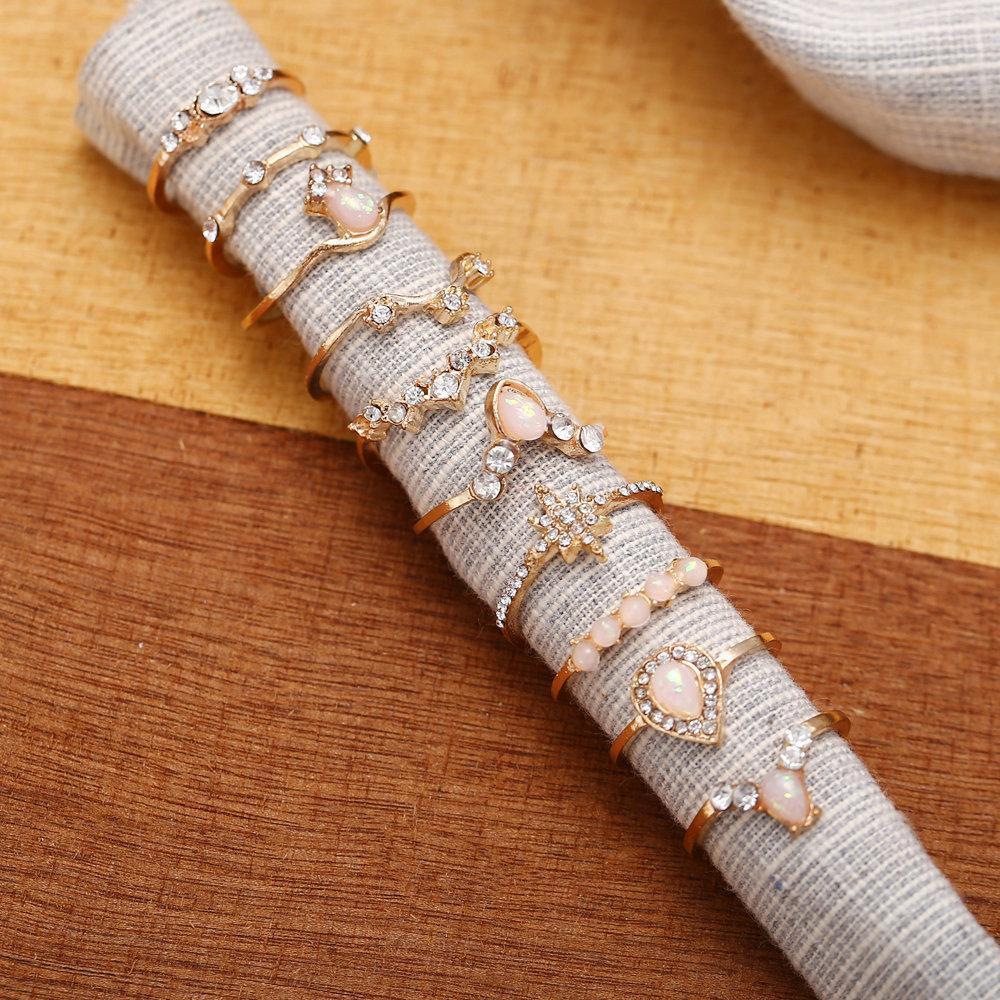 10 Piece Opal Created Ring Set With Gemstone  Crystals 18K Gold Plated Ring