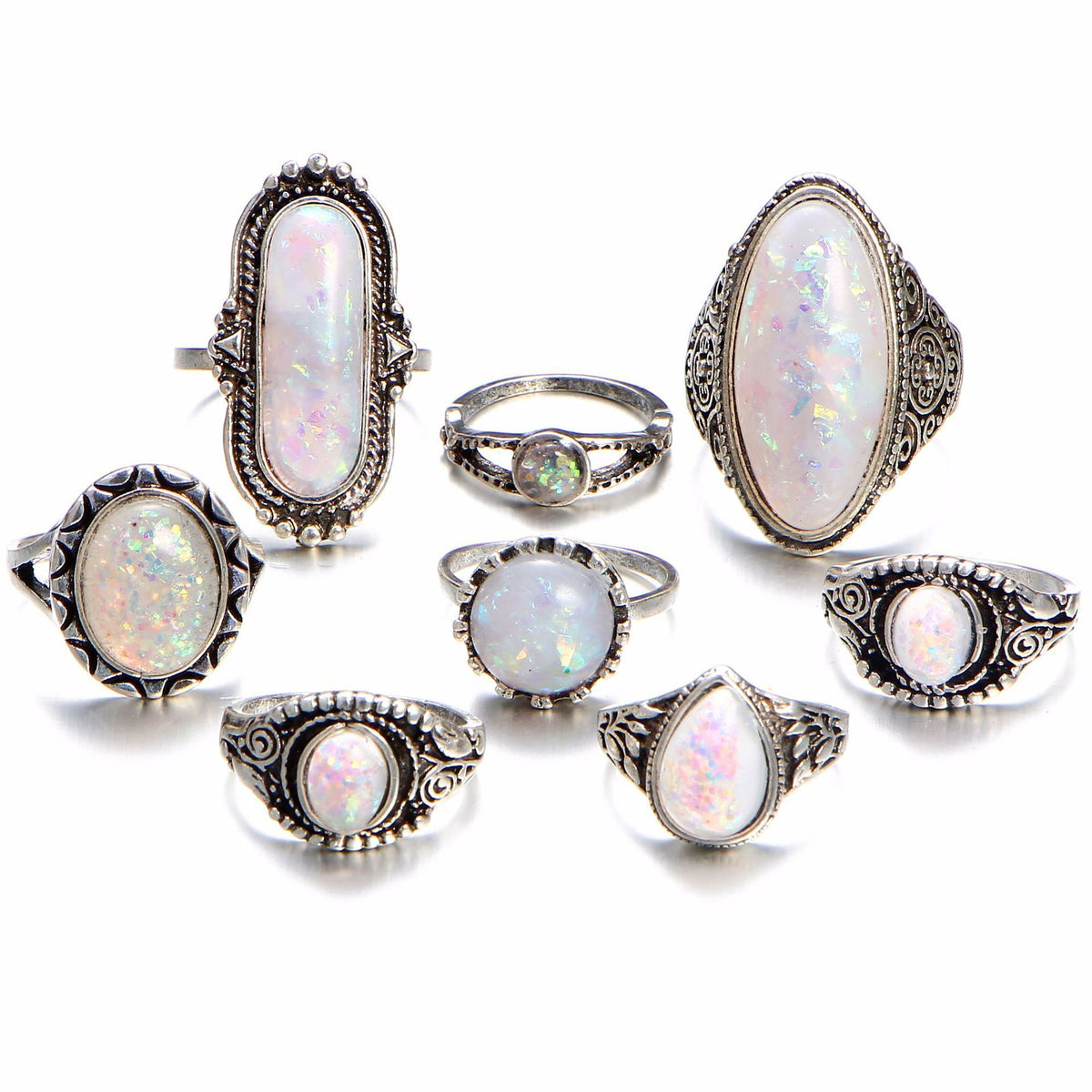 8 Piece Opal Created Oxidized Ring Set With Gemstone  Crystals 18K White Gold Plated Ring