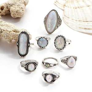 8 Piece Opal Created Oxidized Ring Set With Gemstone  Crystals 18K White Gold Plated Ring