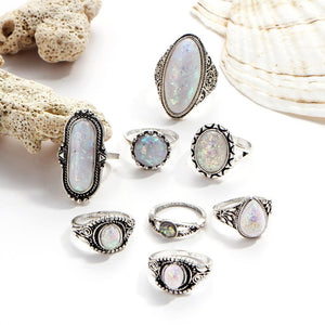 8 Piece Opal Created Oxidized Ring Set With Austrian Crystals 18K White Gold Plated Ring in 18K White Gold Plated