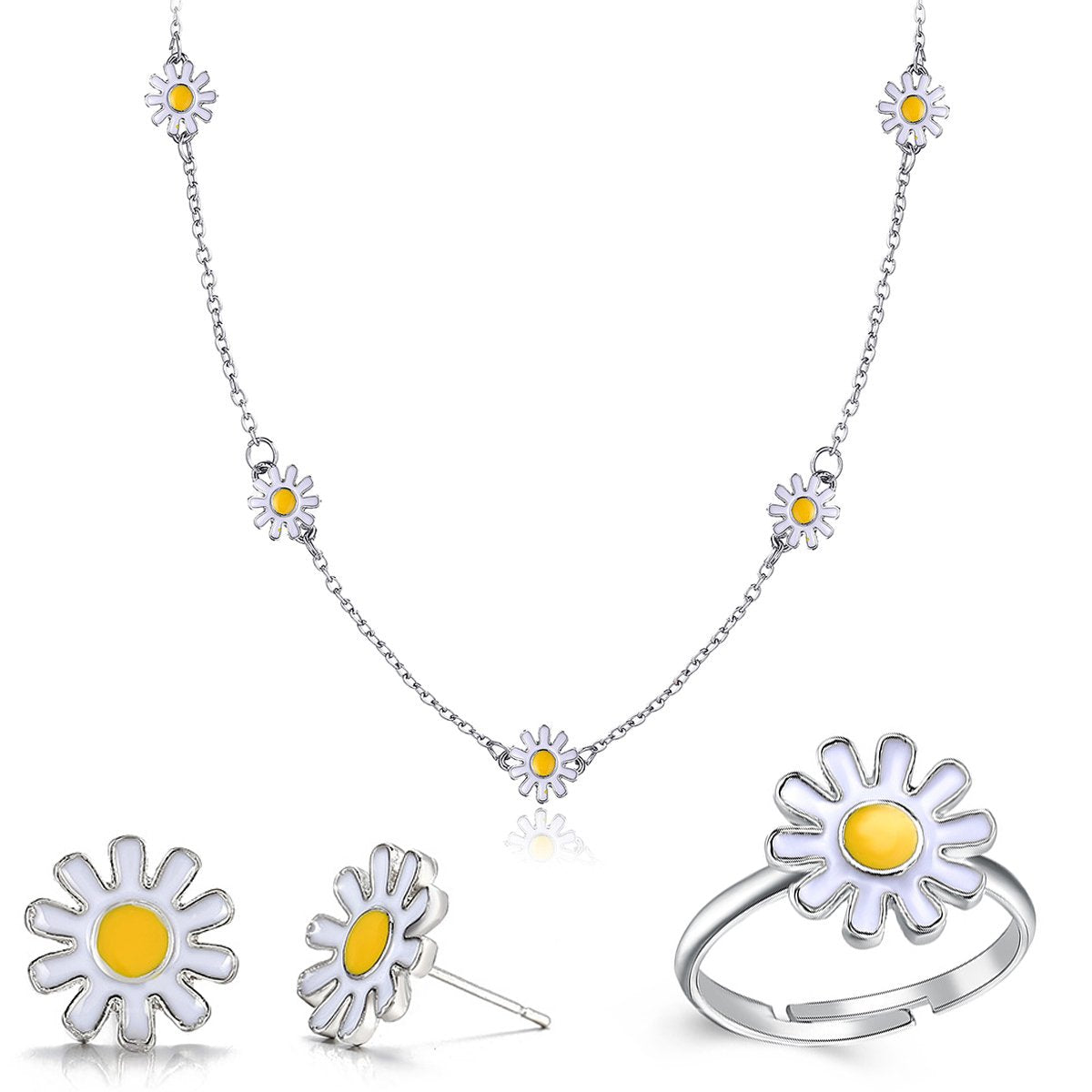 3 Piece Daisy Flower Jewelry Set 18K White Gold Plated Set in 18K White Gold Plated
