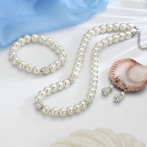 3 Piece Pearl and Shamballa Jewelry Set With Crystals 18K White Gold Plated Set in 18K White Gold Plated