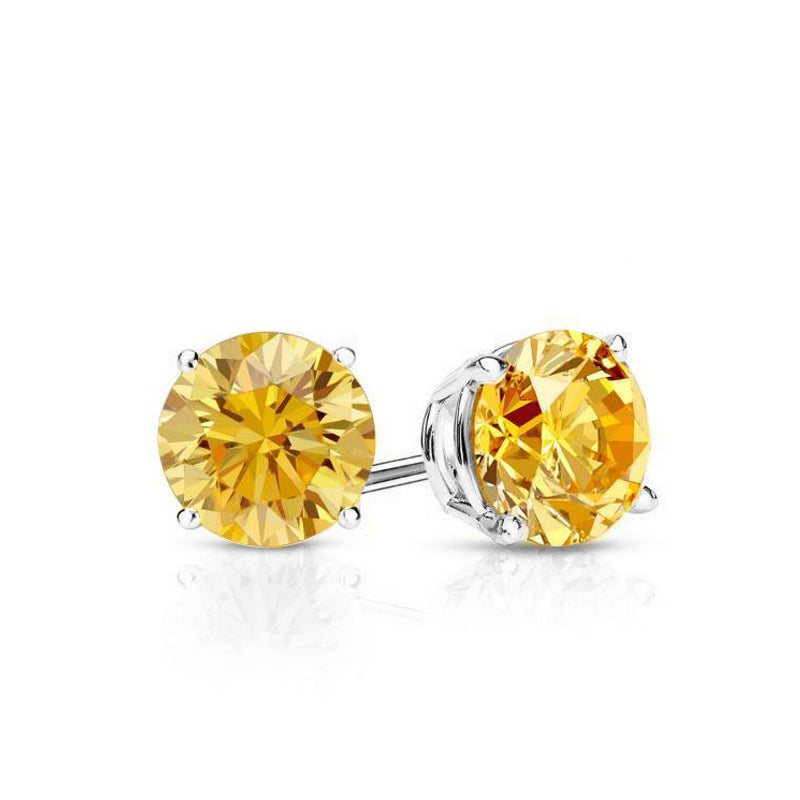 Yellow Stone Embellished with Swarovski Crystals 7mm Stud Earringin 18K White Gold Plated