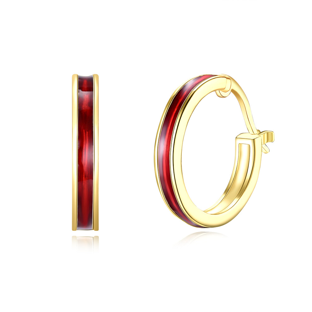 Red Enamel Linin Classical Hoops in 14K Gold