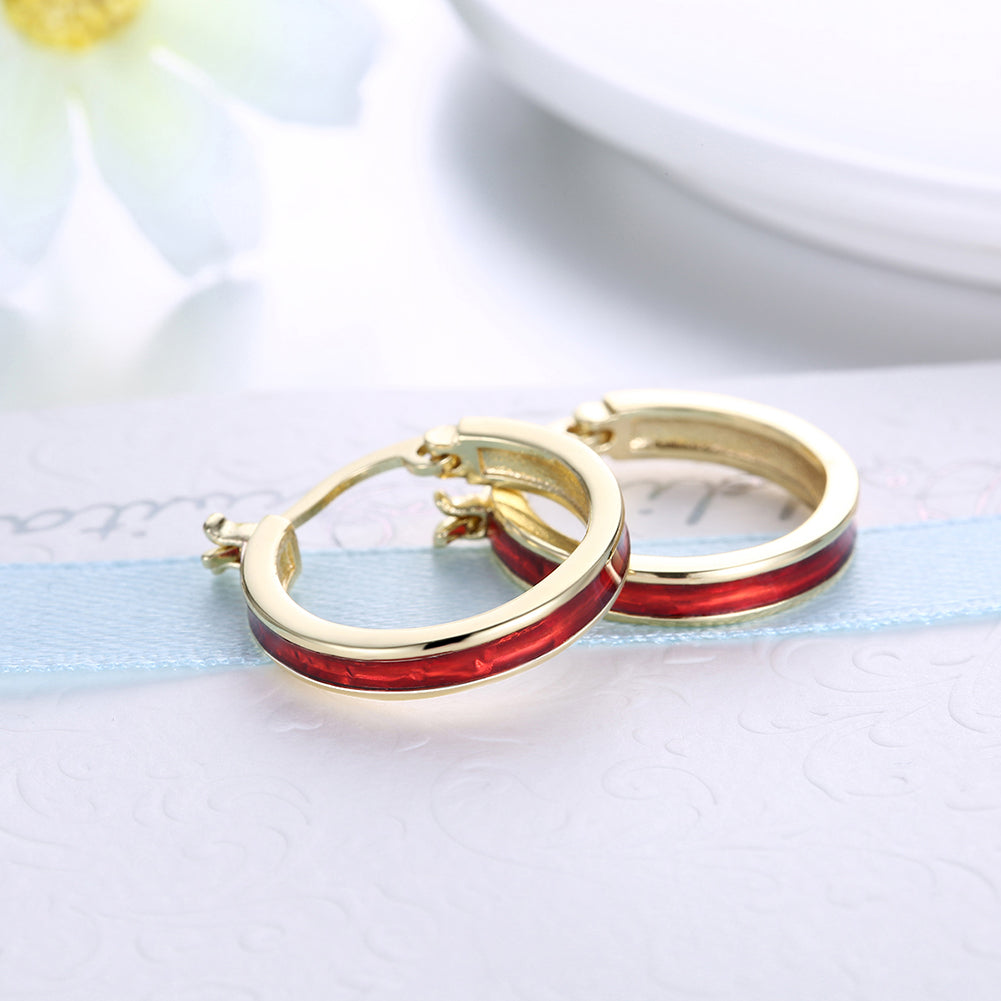 Red Enamel Linin Classical Hoops in 14K Gold