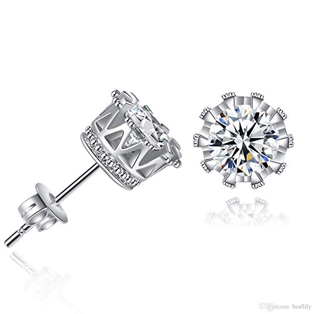 Pave Halo Round Princess Stud Earring Embellished with Swarovski Crystals in 18K White Gold Plated